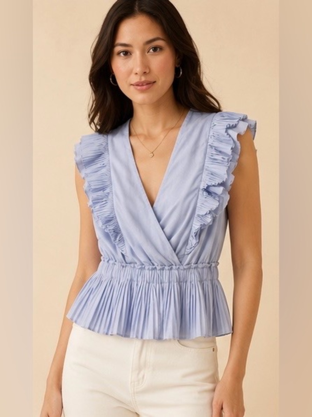 Express Ruffle Wrap Peplum Top Womens S Light Blue Pleated Sleeveless Blouse